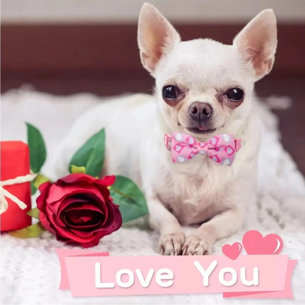 Azuza XS Extra Small Dog Collar With Bow Tie, Lovely Pink & Purple Heart Pattern